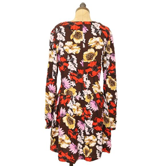 Hinge Nordstrom Floral Pintuck Mini Dress M Brown Multi Long Sleeve NWT B59 - Picture 4 of 6